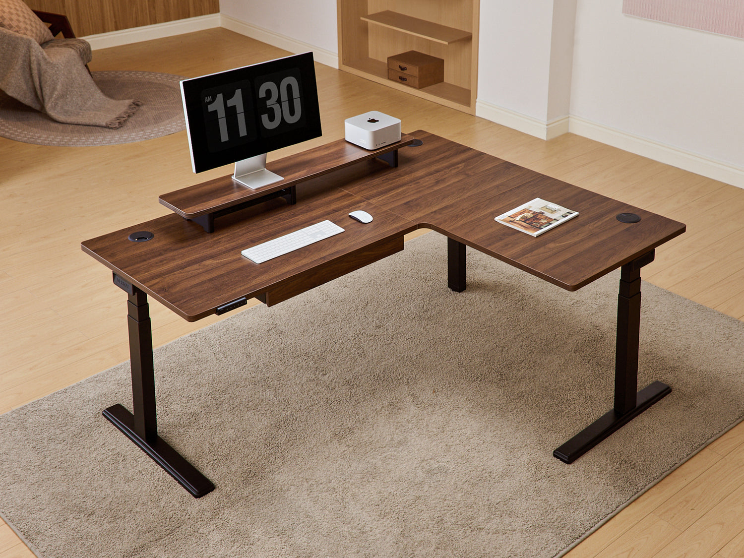 Laminate Walnut Core3 L-shape Standing Desk with Black Frame Right hover