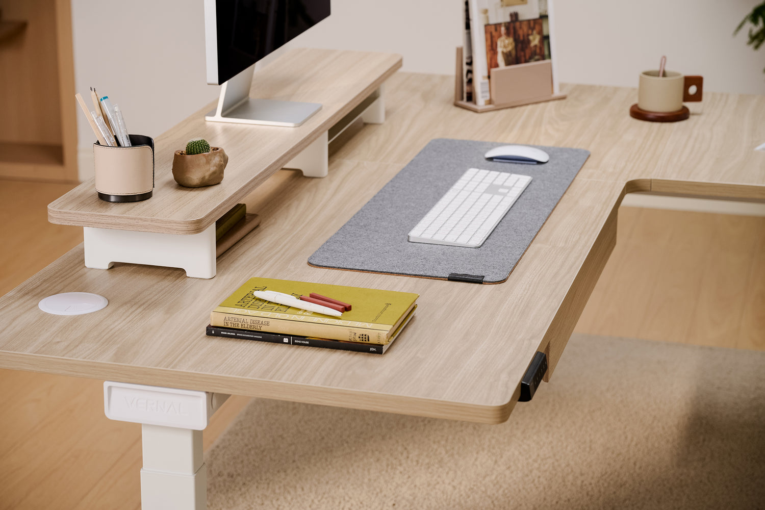 Laminate Light Walnut Core3 L-shape Standing Desk with White Frame Left-3