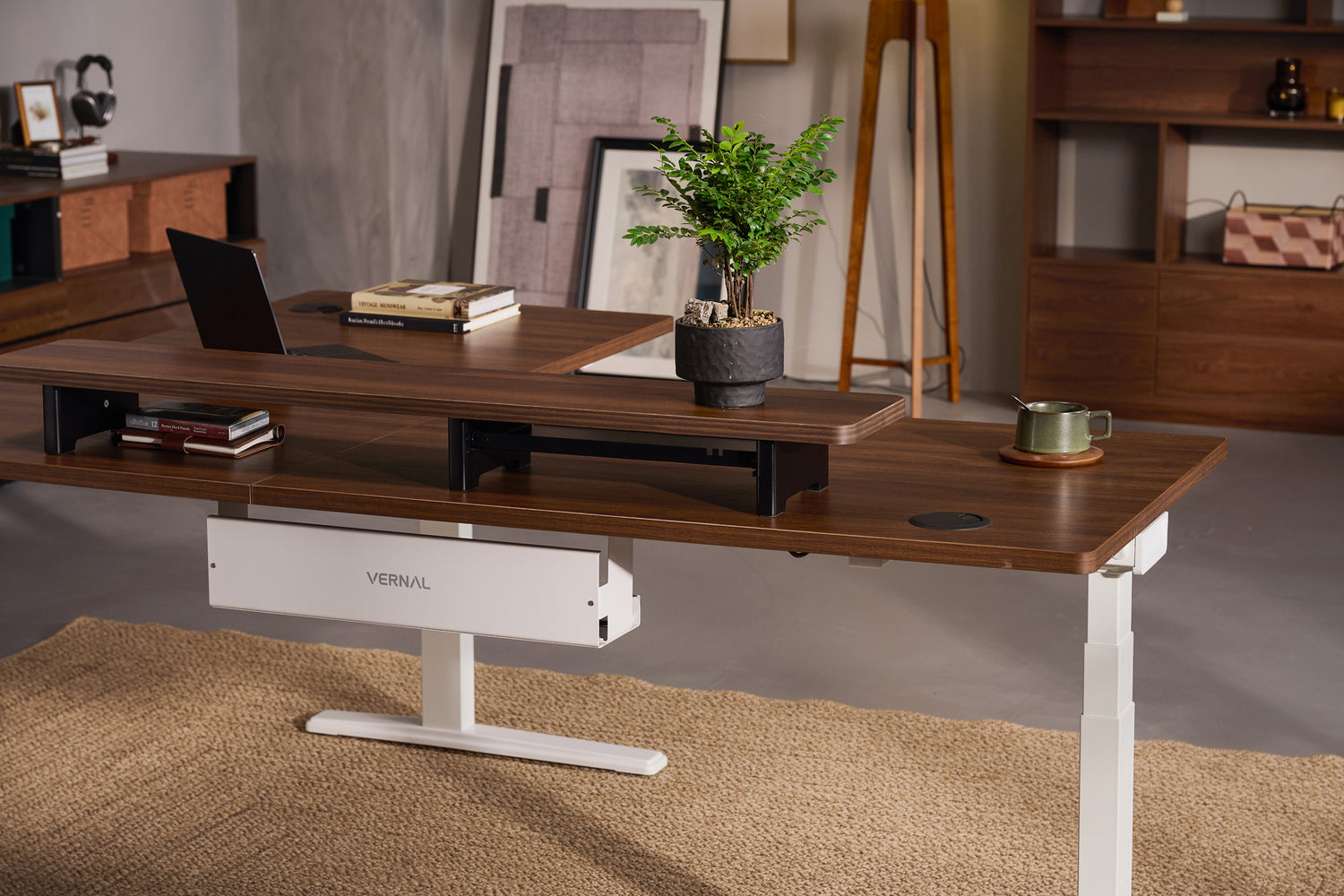 Laminate Walnut Core3 L-shape Standing Desk with White Frame Left-4