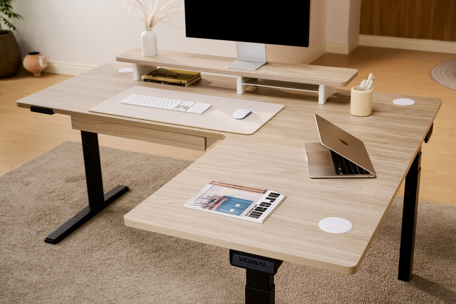 Laminate Light Walnut Core3 L-shape Standing Desk with Black Frame Right-3