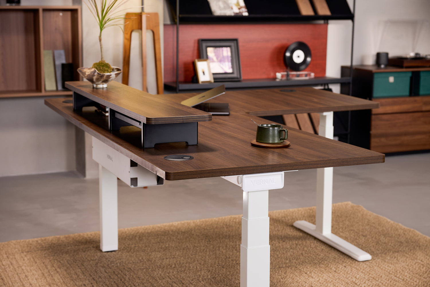Laminate Walnut Core3 L-shape Standing Desk with White Frame Right-3