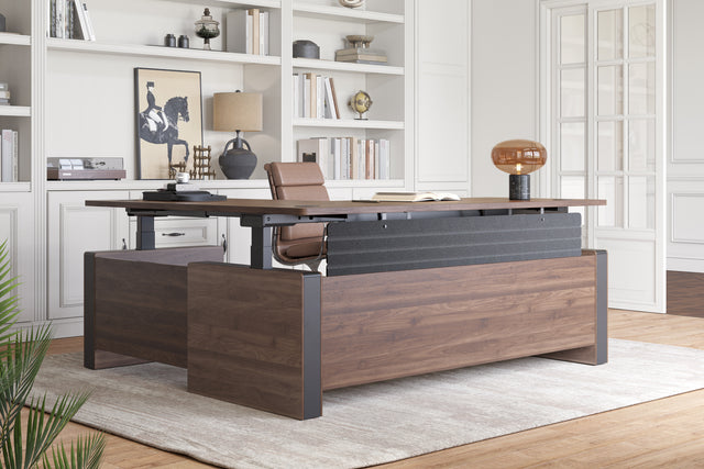 The executive Ergonomic standing desk with Privacy Panels features integrated privacy panels to define your space, reduce distractions, and create a clean, professional appearance.
Ideal for executive offices or shared workspaces, the best standing desk adds visual structure while delivering premium ergonomic benefits, making it a top-tier stand up desk for professionals who demand style and function.