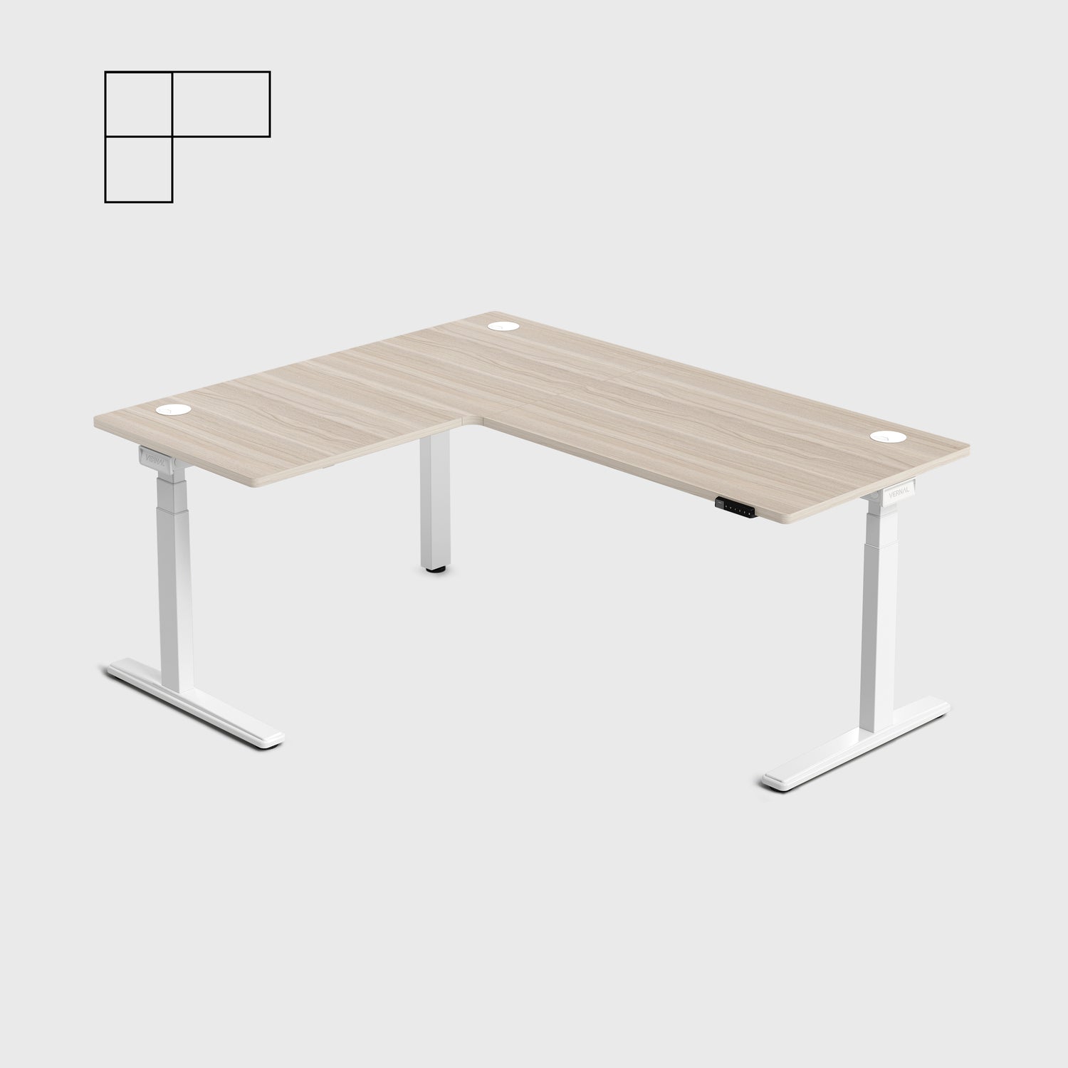 Laminate Light Walnut Core3 L-shape Standing Desk with White Frame Left