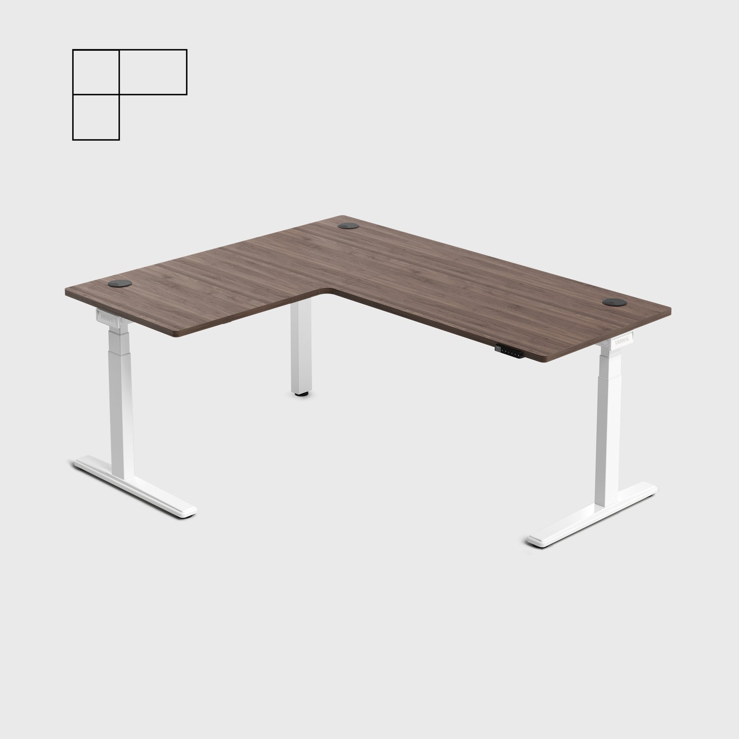 Laminate Walnut Core3 L-shape Standing Desk with White Frame Left
