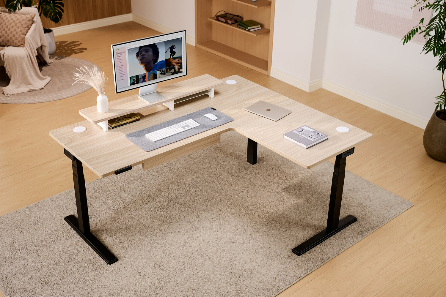 Laminate Light Walnut Core3 L-shape Standing Desk with Black Frame Left-1