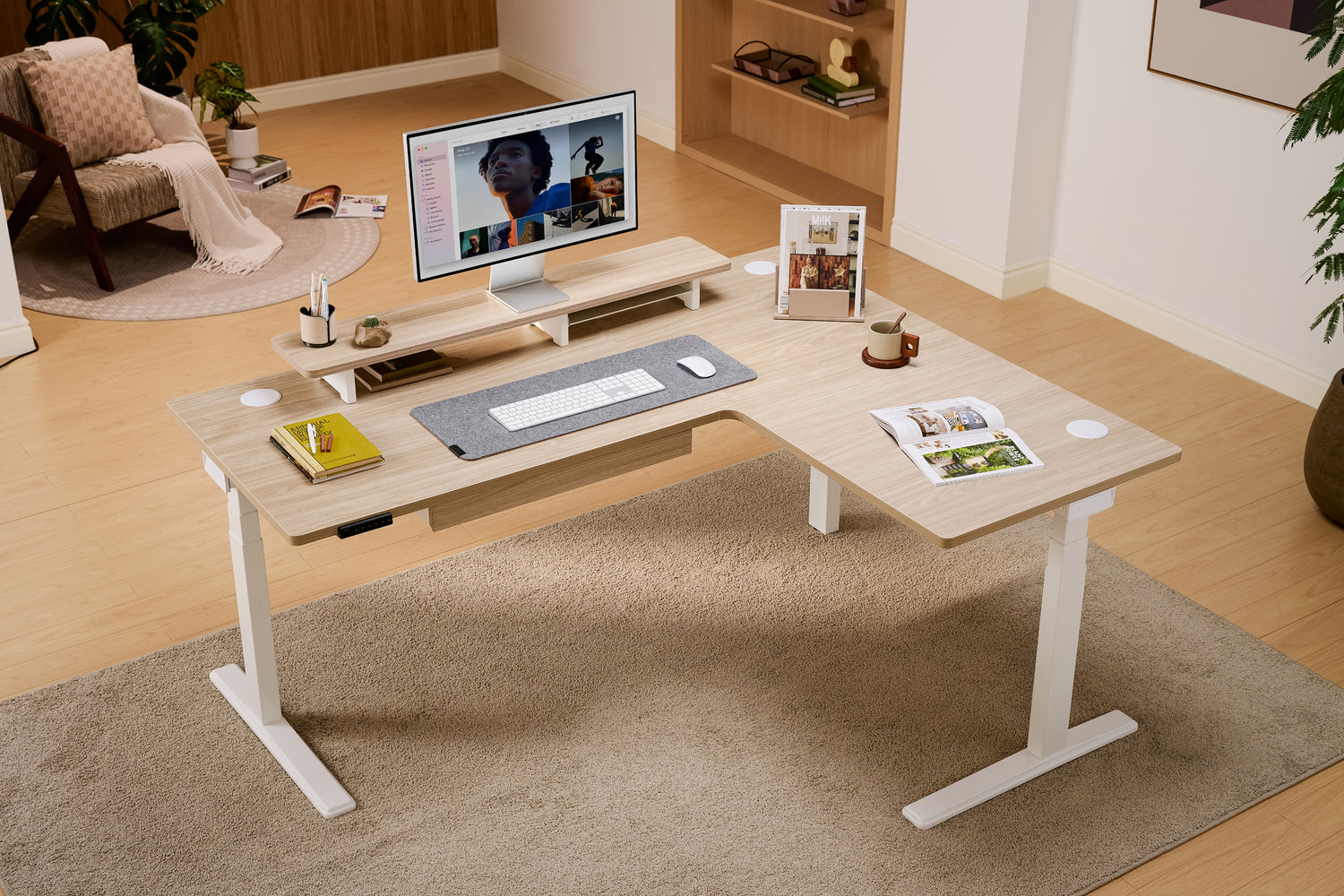 Laminate Light Walnut Core3 L-shape Standing Desk with White Frame Right-1