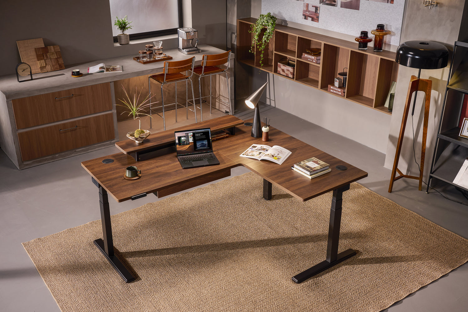 Laminate Walnut Core3 L-shape Standing Desk with Black Frame Right-1