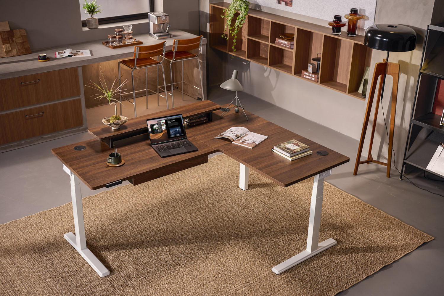 Laminate Walnut Core3 L-shape Standing Desk with White Frame Right-1