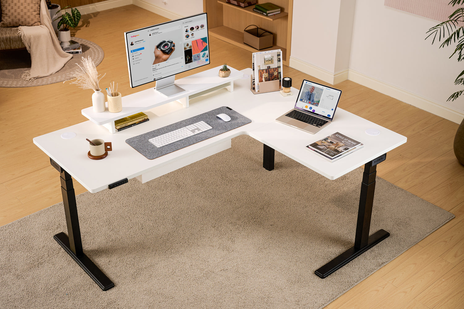 White Core3 L-shape Standing Desk with Black Frame Left-1